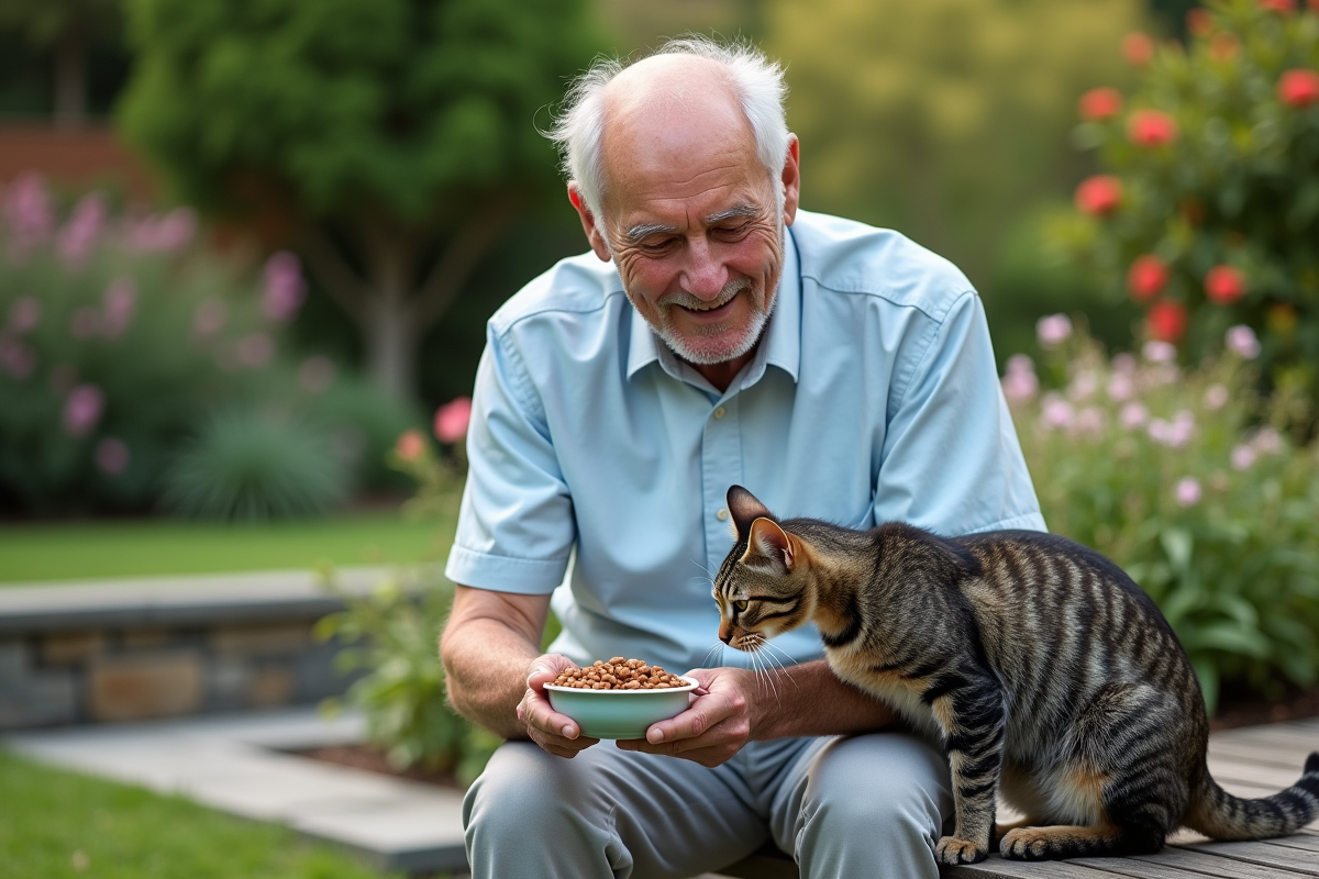 Homme âgé donnant à manger à un chat dans le jardin