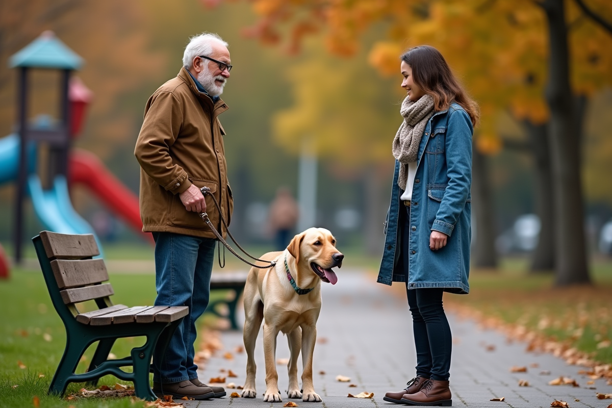 Homme âgé donnant une laisse à une jeune femme dans parc urbain