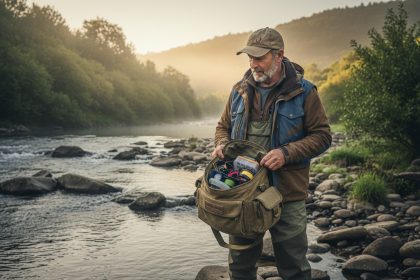 Homme d'âge moyen en tenue de pêche en extérieur