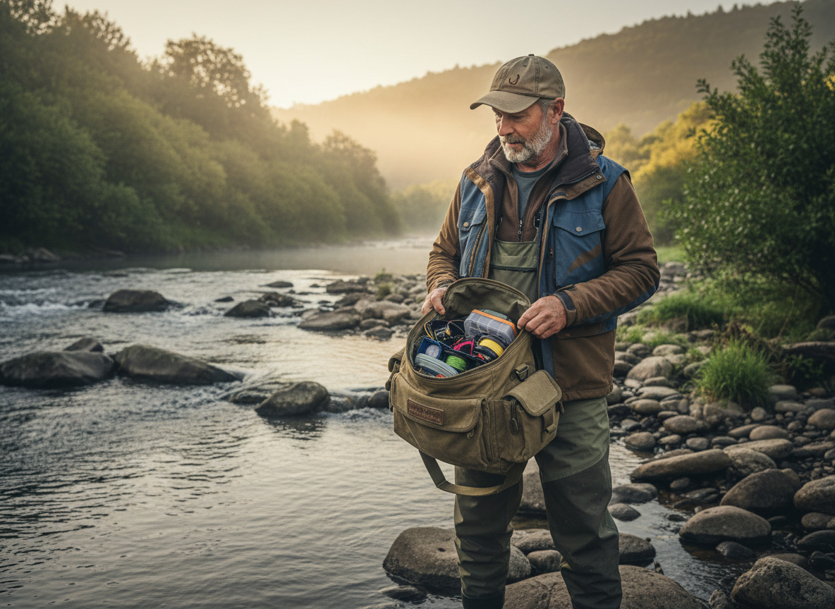 Homme d'âge moyen en tenue de pêche en extérieur