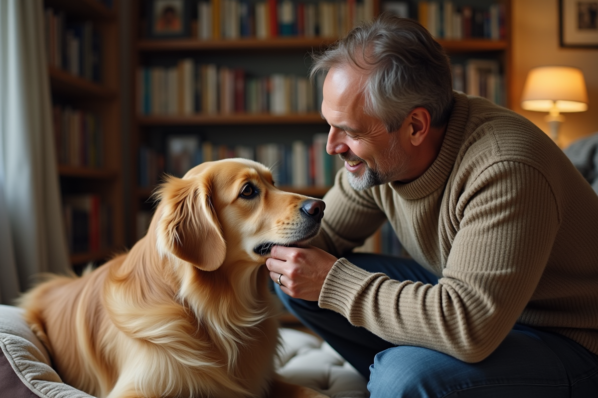 Homme caressant un retriever dans un salon chaleureux