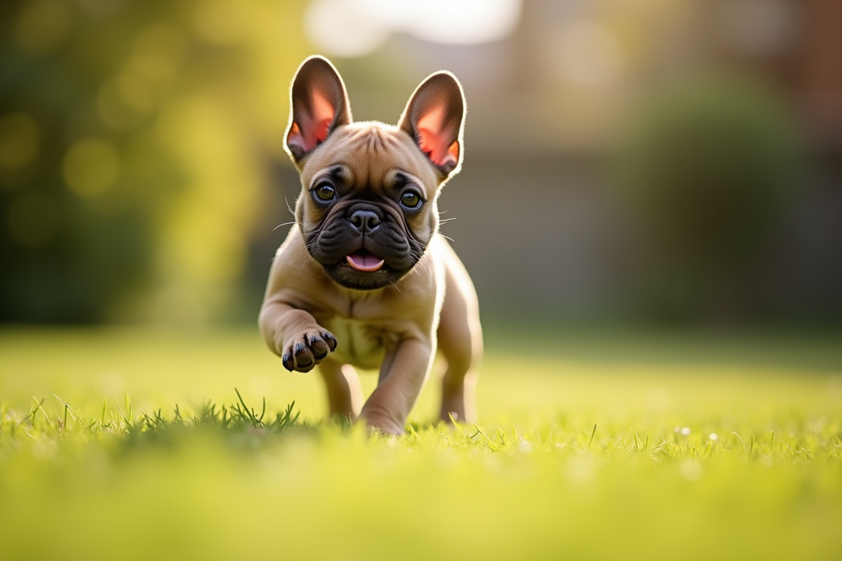 Jeune bulldog francais courant dans un jardin ensoleille