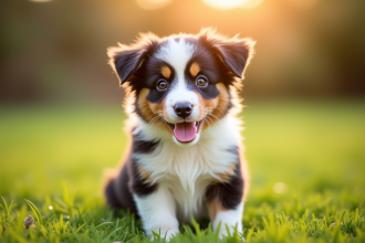 Jeune chiot Australian Shepherd dans le jardin ensoleille