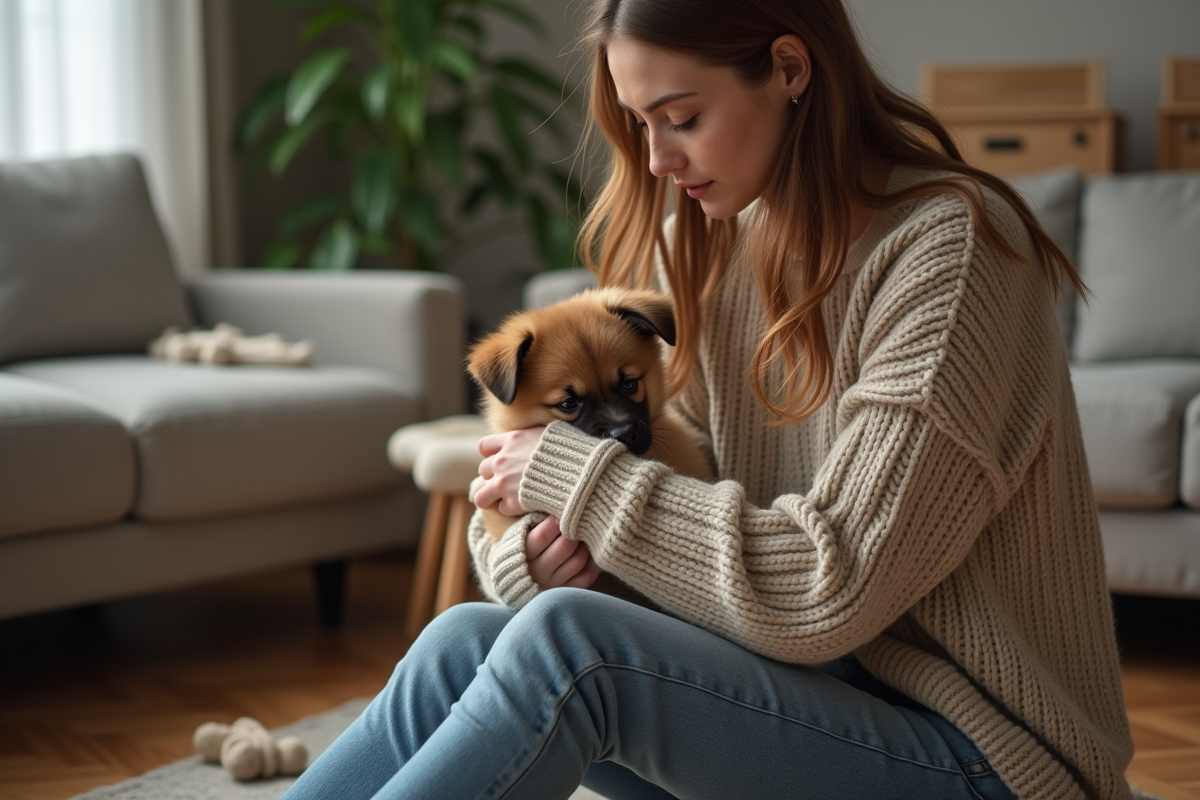 Jeune femme avec un chiot dans les bras dans un salon chaleureux