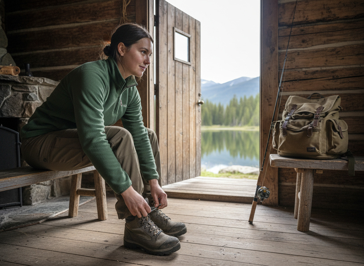 Jeune femme préparant ses bottes dans une cabane
