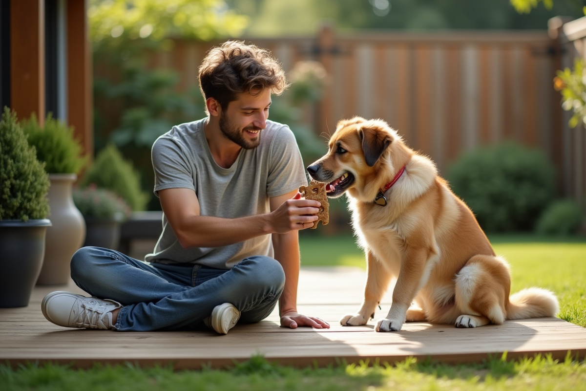 Jeune homme avec chien dans le jardin en extérieur