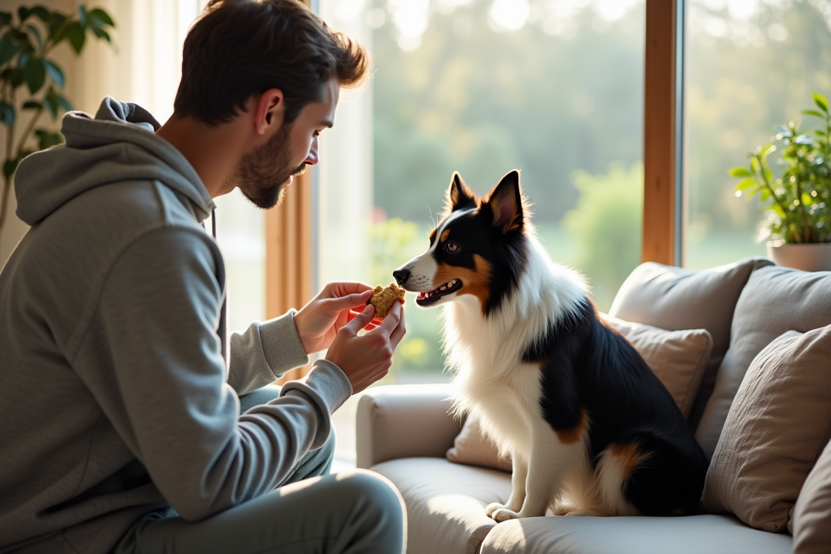 Jeune homme donnant une friandise à son border collie près de la fenêtre