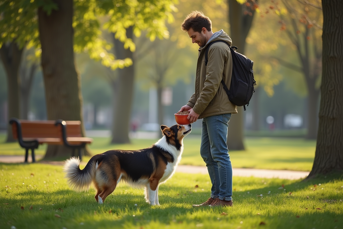 Jeune homme donnant à manger à son chien dans un parc urbain