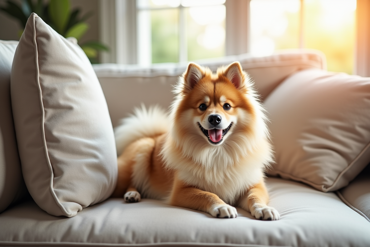 Chien Keeshond souriant sur un canapé lumineux
