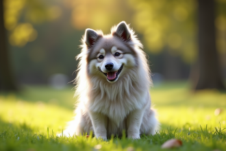 Keeshond majestueux dans un parc ensoleille