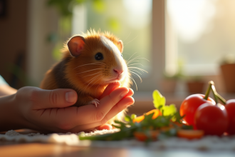 Main adulte nourrissant un cochon d'inde avec des légumes frais