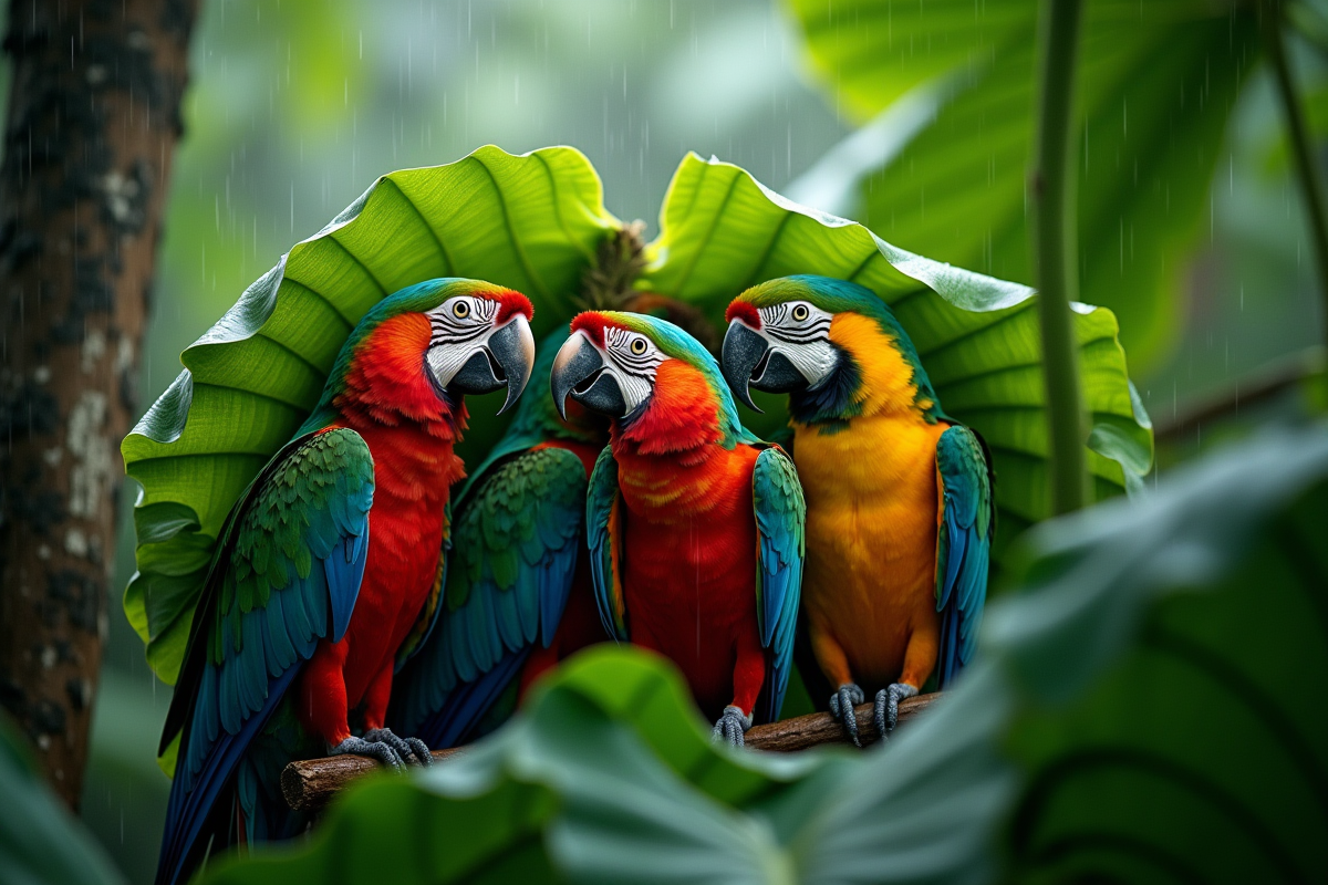 Perroquets colorés sous les feuilles de la forêt tropicale en pluie