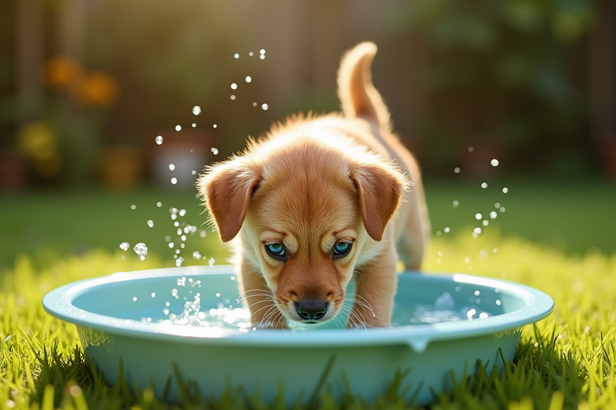 Petit chien joueur buvant dans un bol en extérieur dans le jardin