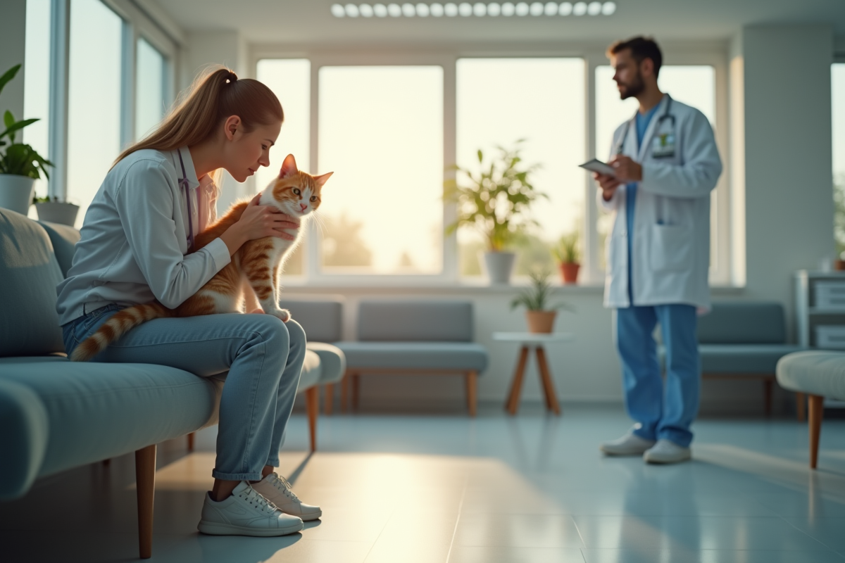 Propriétaire inquiet tenant son chat dans une salle d'attente lumineuse
