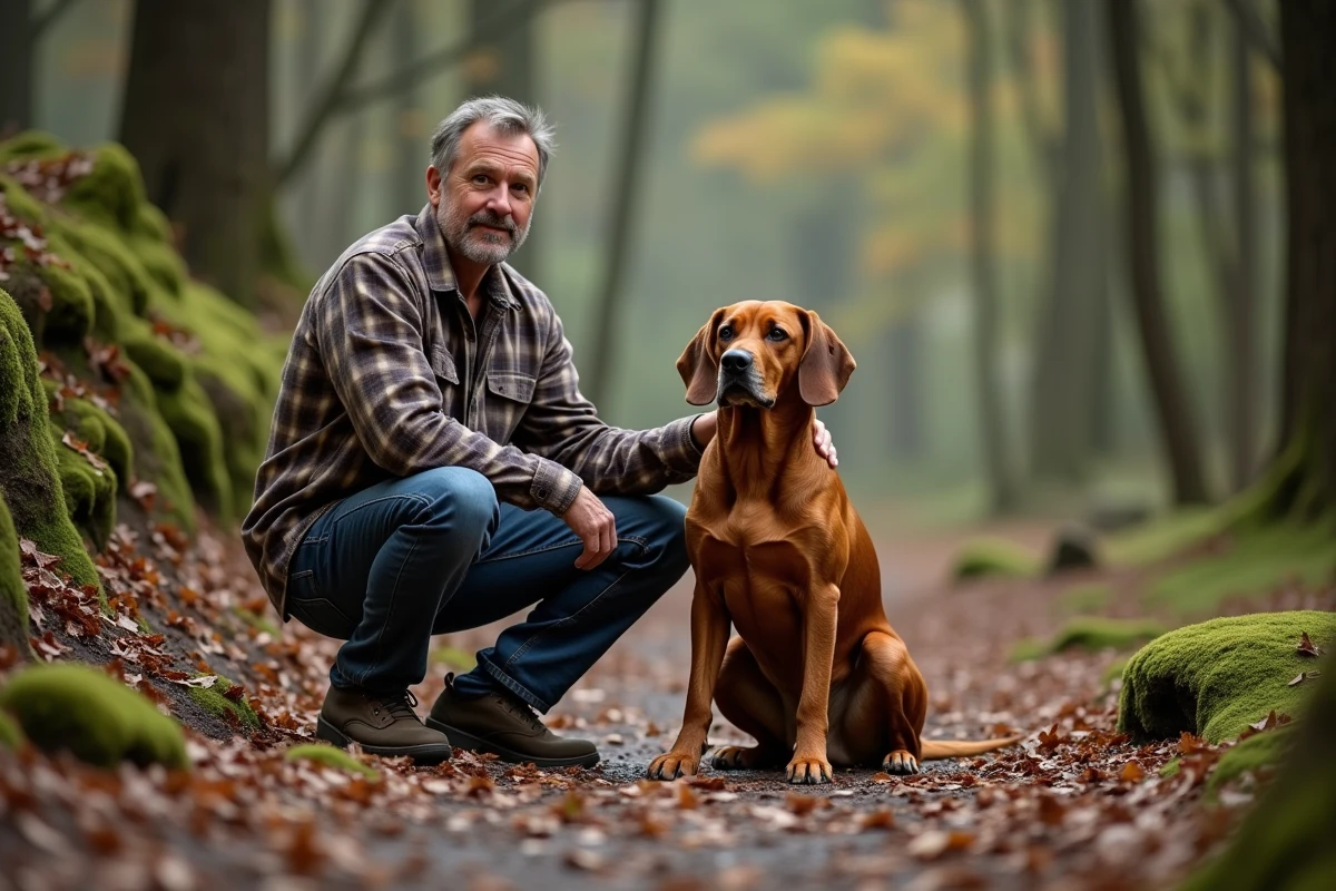 Propriétaire et son Red Coonhound en randonnée dans une forêt, témoignant du lien entre l'homme et le chien de chasse