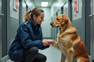 Officier animalier avec chien retriever dans refuge français