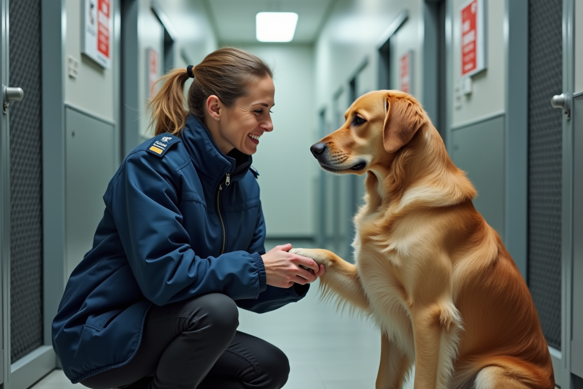 Officier animalier avec chien retriever dans refuge français