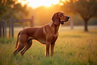 Red Coonhound debout dans un pré verdoyant avec une expression alerte et noble, illustrant sa prestance naturelle