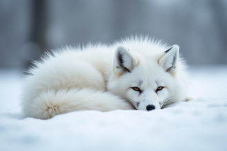 Renard des neiges enroule dans la neige lors d'une journée claire