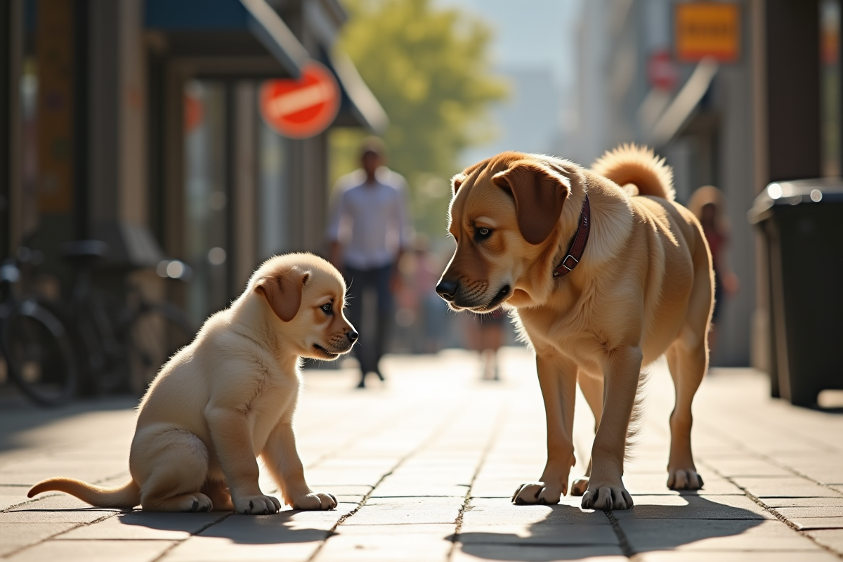 Labrador rencontre un chien plus vieux sur un trottoir urbain