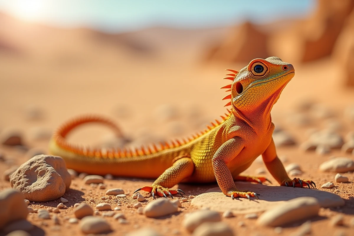 Lézard uromastyx orange et jaune se chauffant sur des rochers de grès dans un désert saharien
