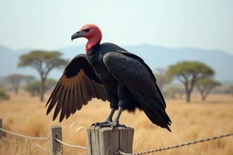 Urubu à tête rouge perché sur un poteau en bois dans une savane sud-américaine, ailes légèrement déployées