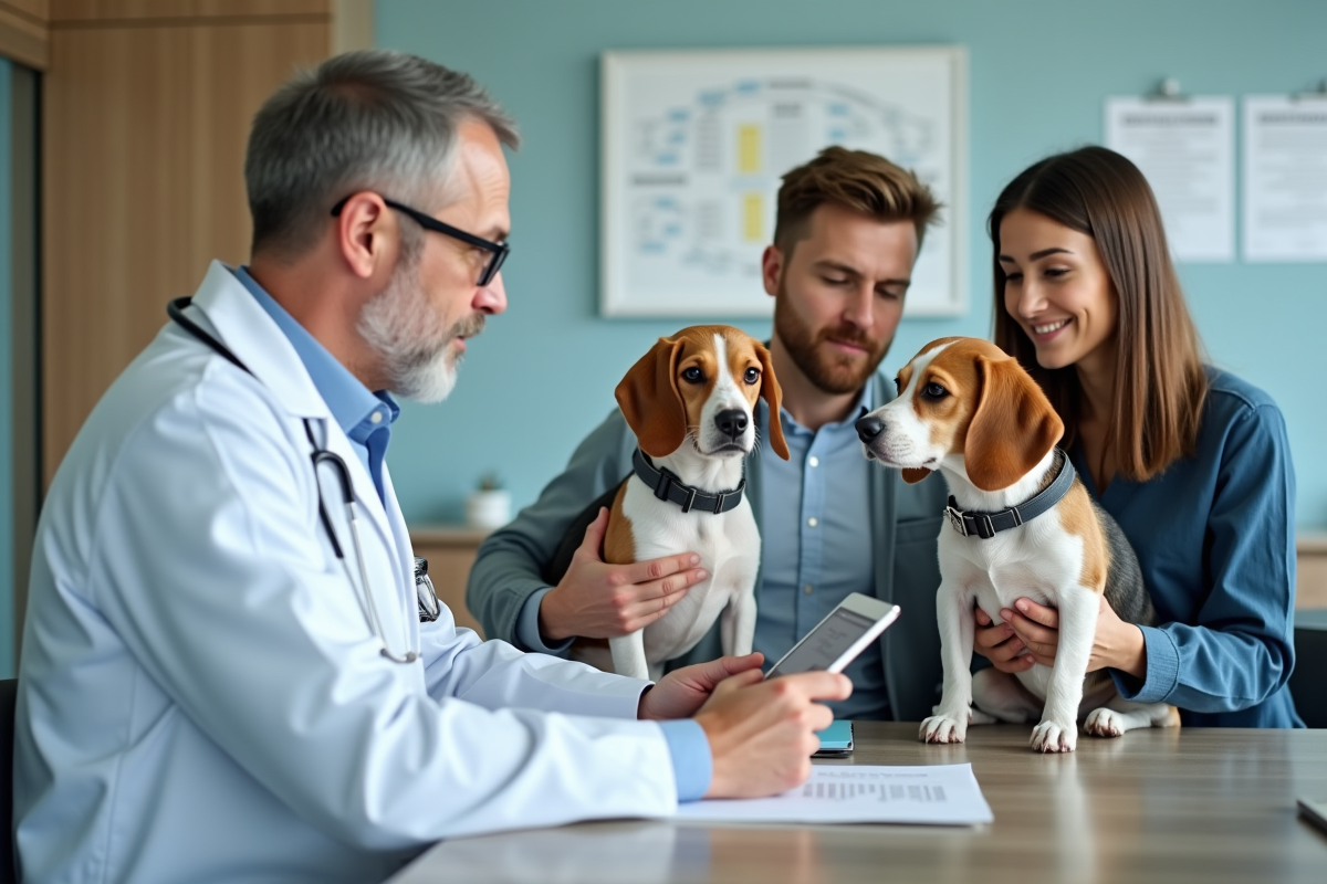 Vétérinaire expliquant un dosage à un couple avec leur chien