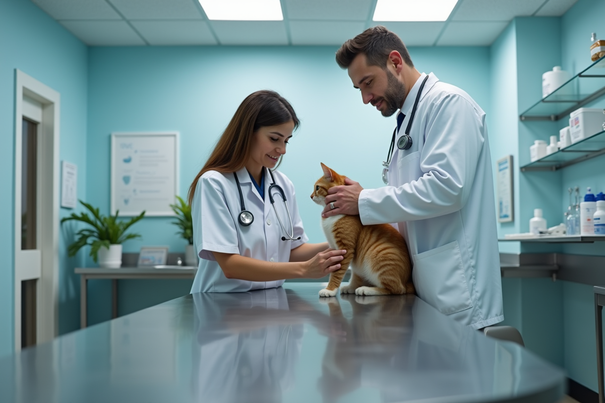 Vétérinaire examinant un chat mâle dans une clinique moderne