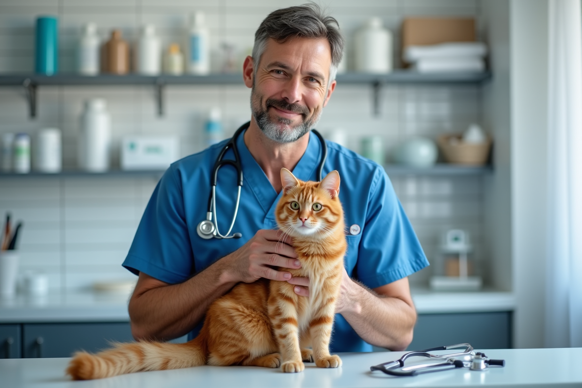 Vétérinaire tenant un chat orange lors d