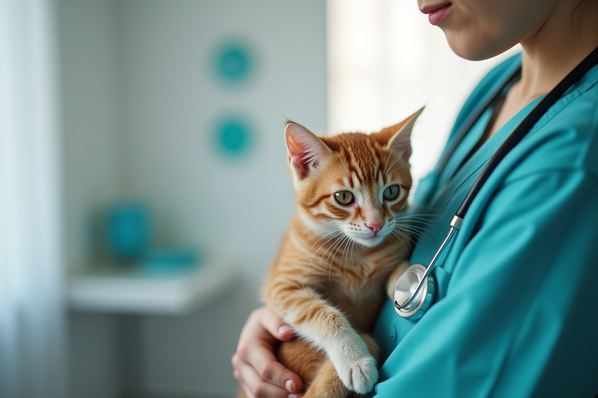 Vétérinaire tenant un jeune chat dans une clinique moderne