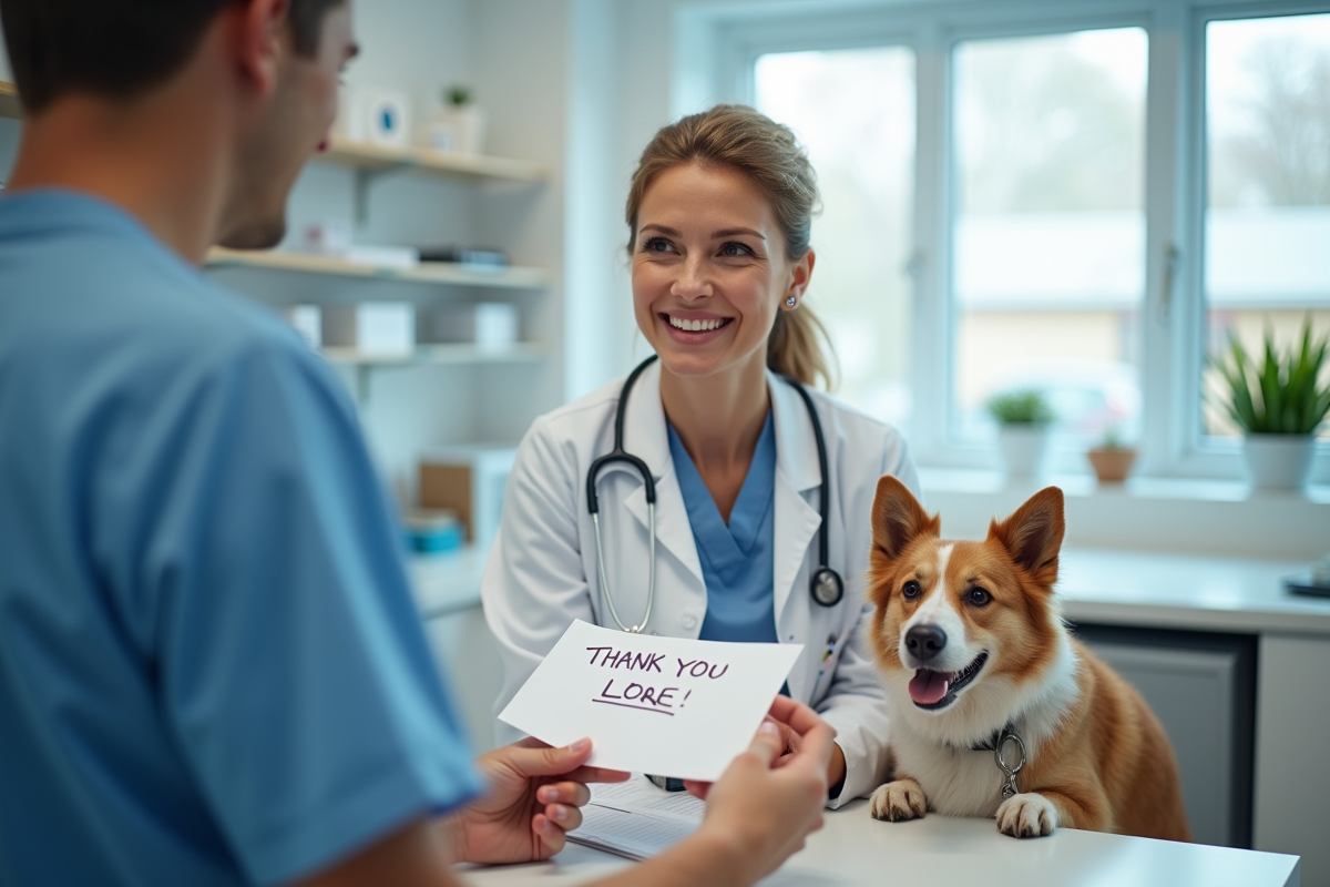 Vétérinaire souriant recevant une carte de remerciement dans une clinique moderne
